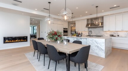 Fototapeta premium Modern open concept kitchen and dining area features marble island and contemporary fireplace