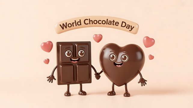 Adorable cartoon chocolate bar and heart characters celebrate World Chocolate Day together with happy smiles