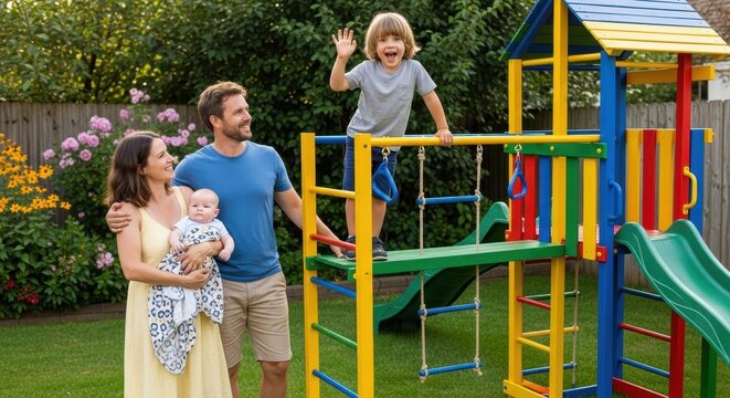 Happy family with two children enjoying playtime in their backyard with a colorful playset.