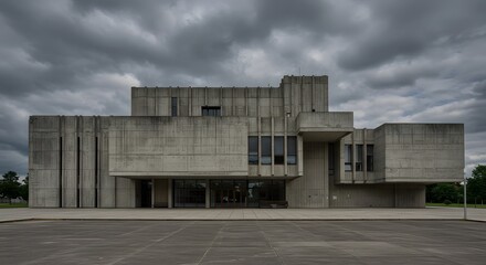 Obraz premium A concrete building under a cloudy sky The building has a Brutalist architectural style with a plaza in front