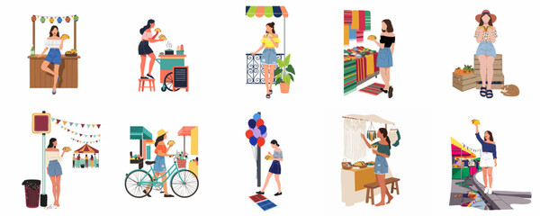 Fototapeta premium Set of vector illustrations featuring a young woman enjoying street food tacos, exploring local markets, and attending summer festivals in a flat design style.
