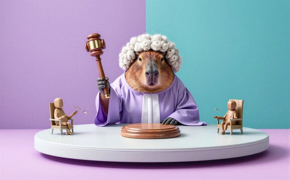 A capybara in a judge's robe holds a gavel presiding over two tiny