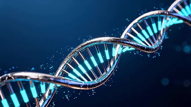 Double helix DNA strand with glowing blue bases