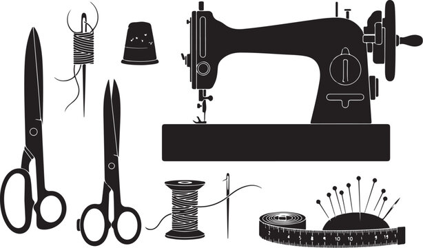 Black sewing machine and tools on white background