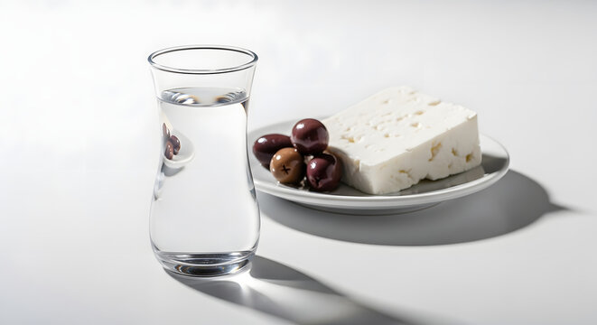 A glass of clear Tsipouro spirit served with olives and feta meze on a white background