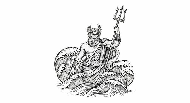 Black and white line art illustration of the Greek god Poseidon holding a trident while rising from ocean waves, depicted with a beard and crown in a traditional engraving style.