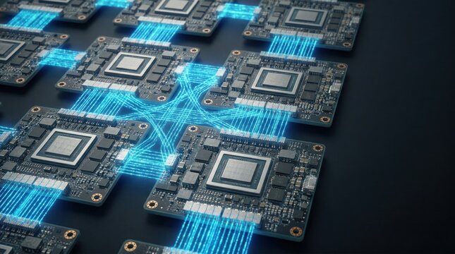 Connected processor modules exchanging data streams across circuit boards illustrating ai compute scaling and distributed accelerator performance