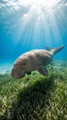 Obraz premium Dugong swimming gracefully above a tropical seagrass meadow in clear ocean water. This gentle marine mammal is closely related to manatees and is an important symbol of marine conserv