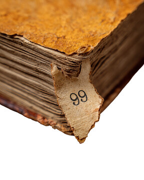 Close-up of aged book corner, page number 99 showing, with distressed paper edges