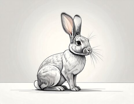 A sitting rabbit with large ears and whiskers on a plain background