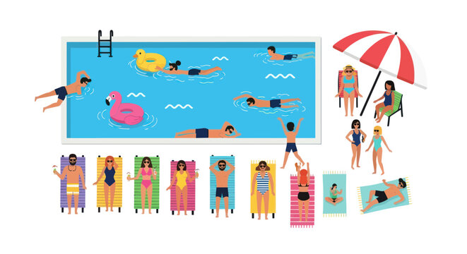 Summer Pool Party: People Relaxing and Swimming in a Pool with Inflatables