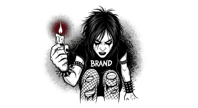 Goth girl holding a lit candle, distressed look, punk fashion, black and white illustration