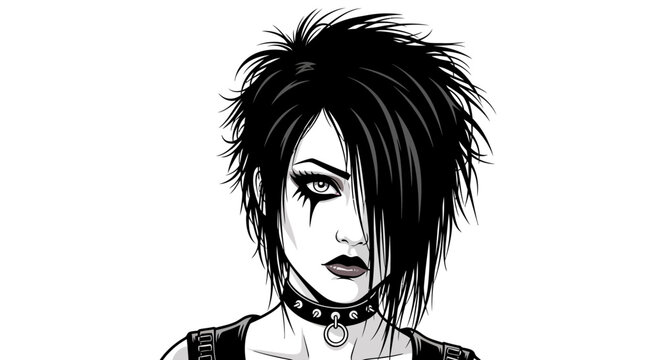 Goth Woman Portrait, Dark Makeup, Spiky Hair, Choker Necklace, Black and White