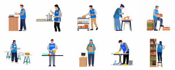 Fototapeta premium Diverse group of volunteers in blue vests performing various charity tasks like food distribution, cleaning, and organizing supplies for community support.