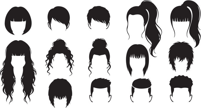 Black silhouettes of various hairstyles on white background