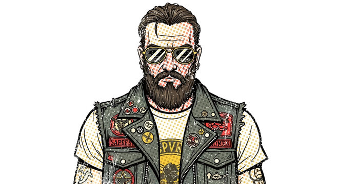 Man with beard and sunglasses wearing a biker vest with patches