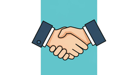 Obraz premium Vector illustration of two people in formal business suits shaking hands, depicting a professional agreement, successful partnership, or greeting on a teal and white background.