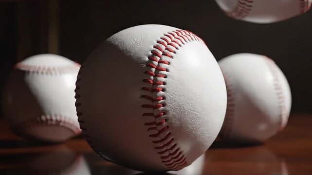 Baseballs floating in midair on a wooden table with brown background