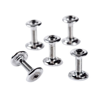 Five shiny metal studs with screw threads. They're evenly spaced on a black background
