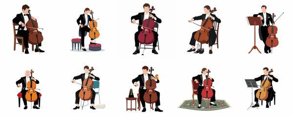 Set of illustrations featuring professional male cellists performing and posing with their instruments in formal attire against a white background. © Yola