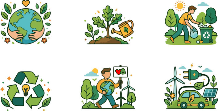 Earth Day IcA set of six vibrant, detailed hand-drawn style illustrations focused on environmental conservation and ecology. The collection features characters and symbols promoting a green lons 3.eps