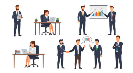 Fototapeta premium Professional business people vector set featuring corporate employees working at desks, giving presentations, talking on phones, and shaking hands in office.