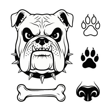 Black and white vector illustration of an English bulldog head wearing a spiked collar, accompanied by a dog bone icon, two paw prints, and a dog nose, isolated on white.