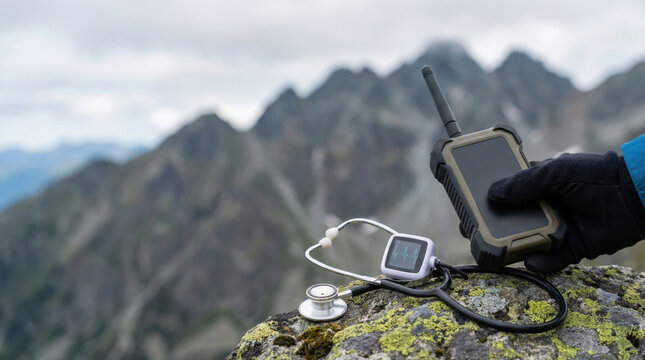 Hand holding rugged satellite phone on mountain rock with stethoscope and portable heart rate monitor, outdoor medical emergency concept