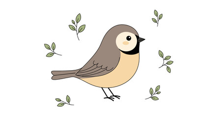 Fototapeta premium Cute cartoon bird illustration with leaves, simple and charming design