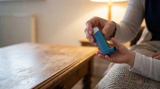 Close up of adult hand passing generic blue inhaler to child hand in cozy home setting with warm light