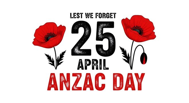 Anzac day design with red poppies and text isolated on white background lest we forget, 25 april, anzac day remembrance day, memorial day concept
