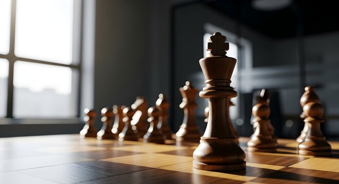 Strategic decision making and planning visualized with a chess king in sharp focus on a chessboard