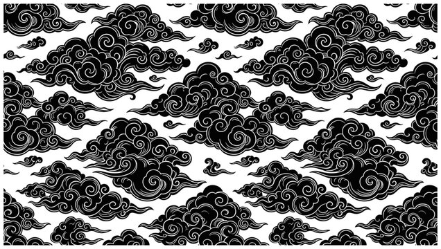 Seamless oriental black cloud ornaments background, vintage Japanese woodblock print style.