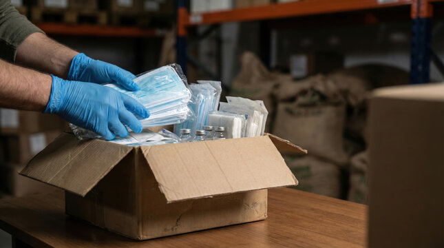 Medical face mask in plastic packaging being handled with blue nitrile gloves from cardboard box on wooden table in warehouse