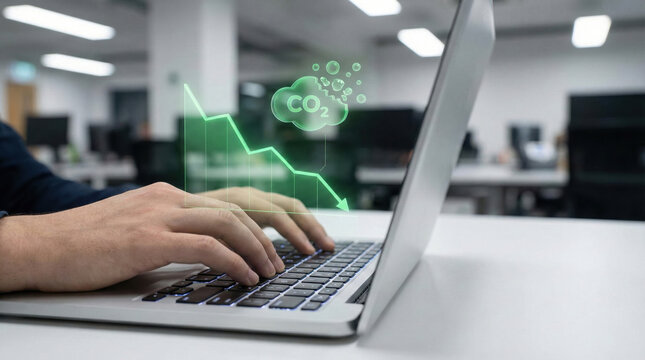 Person typing on laptop keyboard with digital green graph showing CO2 reduction concept in modern office