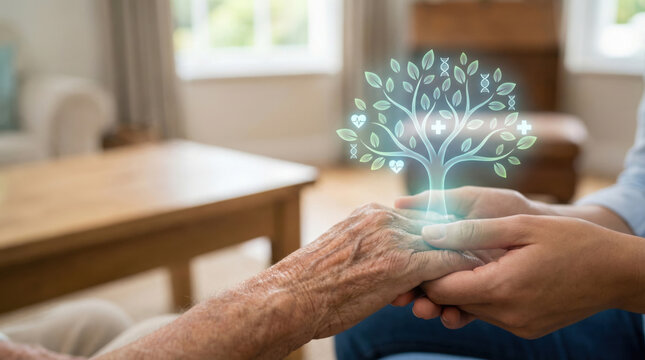 Elderly hand held by younger hand with glowing health tree symbol, representing care, support, and medical connection in warm home setting