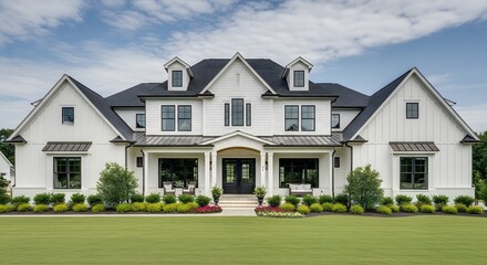 Naklejka premium Stunning two story white house with dark roof and manicured lawn on a cloudy day