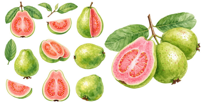 A charming watercolor collection of guavas featuring fresh tropical fruits with pink flesh, green skin, and leafy branches illustrated in a natural botanical food style.
