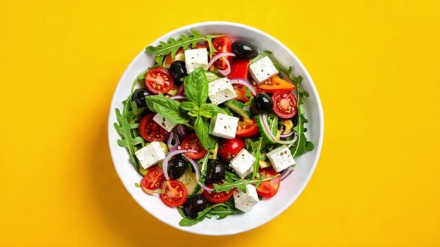 Fresh Greek Salad with Feta Cheese and Olives on Yellow Background