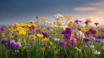 Obraz premium Vibrant Wildflower Meadow Under a Majestic Sky at Dusk with an Array of Colorful Blossoms in Various Shades and Textures