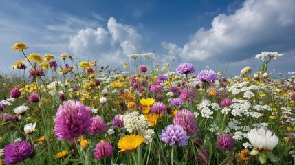 Obraz premium Vibrant Wildflower Meadow Under Bright Blue Sky with Soft White Clouds and Lush Green Grass in Spring Season