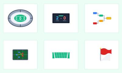 Hand-drawn collection of soccer sport icons including stadium scoreboard bracket tactics net and corner flag for authentic illustration © isolatedgenerativeai
