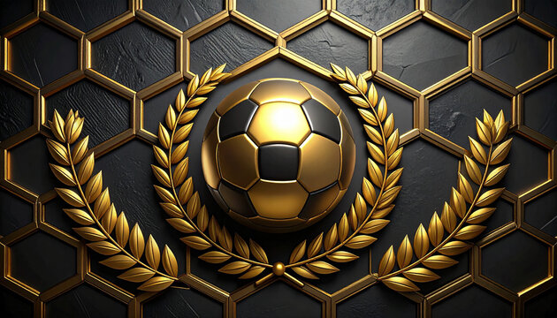ゴールドのサッカーボールと月桂樹の3DCGアイコン