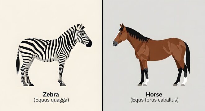 Comparison illustration of a zebra and a horse side by side