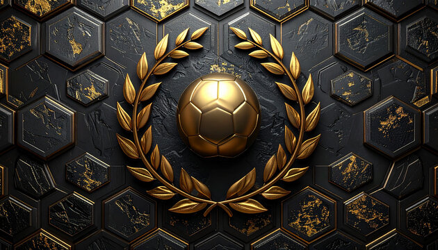 ダークヘキサゴン背景のゴールドサッカーボール月桂冠