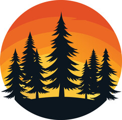 Obraz premium A striking minimalist illustration depicts a dark silhouette of coniferous trees against a vibrant gradient sunset backdrop high-quality professional, T-shirt Design