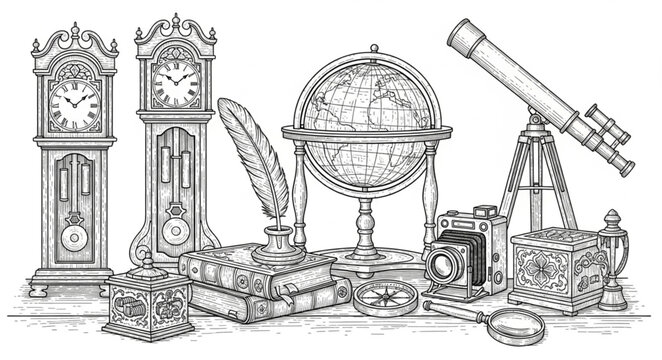 Detailed Vintage Collection - Clocks, Globe, Telescope, and Camera Illustration.