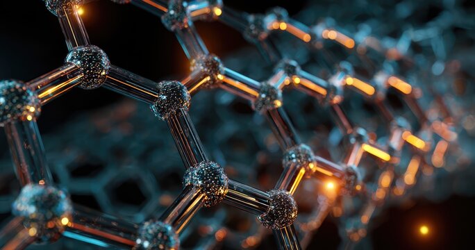Abstract 3D rendering of a graphene nanostructure with glowing atoms.