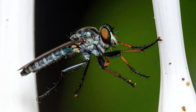 Close-up Macro Shot of a Robber Fly Insect with Orange Eyes.