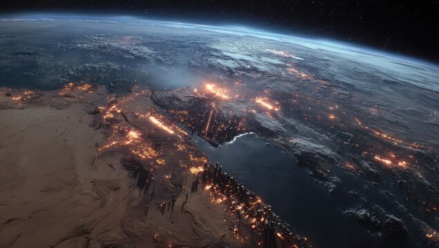 Earth From Space At Night With City Lights Visible.